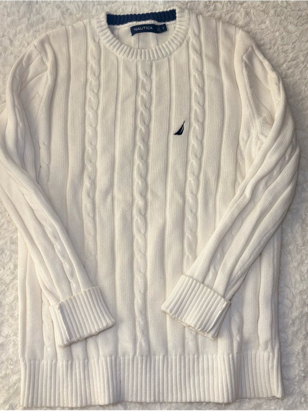 Nautica Cream Cable-Knit Crewneck Sweater with Navy Logo